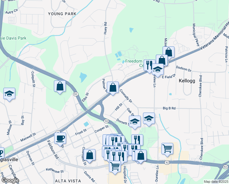 map of restaurants, bars, coffee shops, grocery stores, and more near 6018 Bankhead Highway in Douglasville