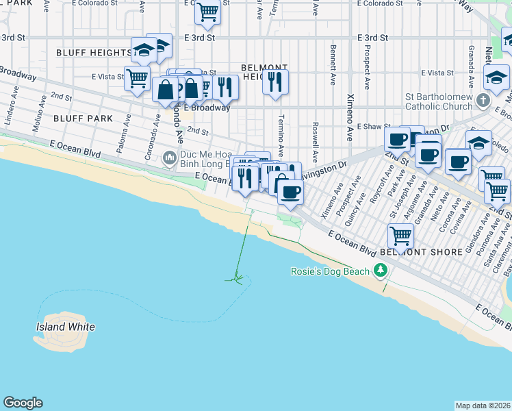 map of restaurants, bars, coffee shops, grocery stores, and more near in Long Beach