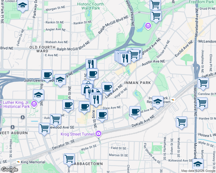 map of restaurants, bars, coffee shops, grocery stores, and more near 188 Inman Lane in Atlanta