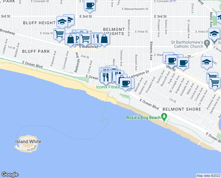 map of restaurants, bars, coffee shops, grocery stores, and more near 3939 East Midway Street in Long Beach
