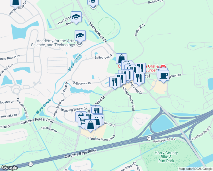 map of restaurants, bars, coffee shops, grocery stores, and more near 657 Oakhurst Drive in Myrtle Beach