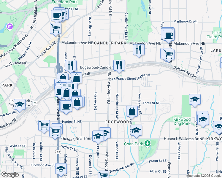 map of restaurants, bars, coffee shops, grocery stores, and more near 200 Whitefoord Avenue Northeast in Atlanta