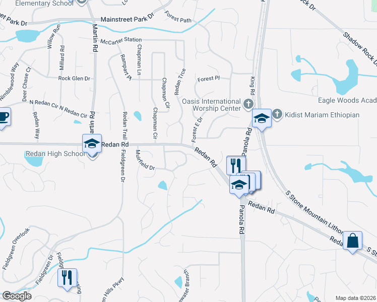 map of restaurants, bars, coffee shops, grocery stores, and more near 5356 Kristian Court in Stone Mountain