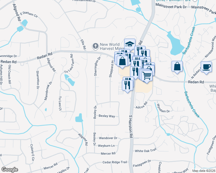 map of restaurants, bars, coffee shops, grocery stores, and more near 1185 Sheppard Place in Stone Mountain