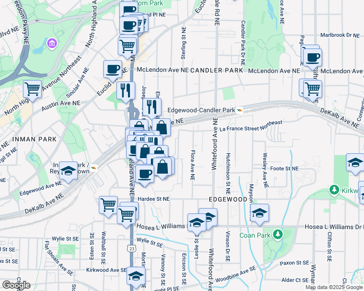 map of restaurants, bars, coffee shops, grocery stores, and more near 207 Marion Place Northeast in Atlanta