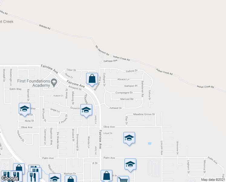 map of restaurants, bars, coffee shops, grocery stores, and more near 44200 Compiegne Drive in Hemet