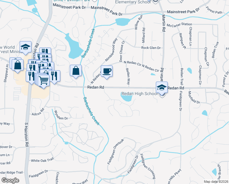 map of restaurants, bars, coffee shops, grocery stores, and more near 1232 Mill Lake Circle in Stone Mountain