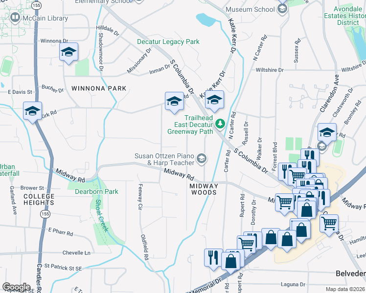map of restaurants, bars, coffee shops, grocery stores, and more near 1220 Conway Road in Decatur