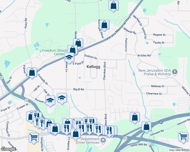 map of restaurants, bars, coffee shops, grocery stores, and more near 1711 East Kellogg Circle in Douglasville