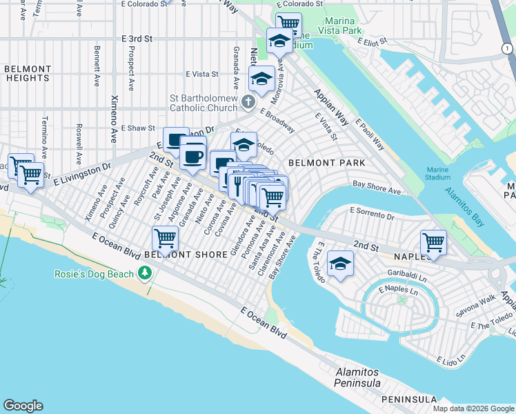 map of restaurants, bars, coffee shops, grocery stores, and more near East 2nd Street & Glendora Avenue in Long Beach