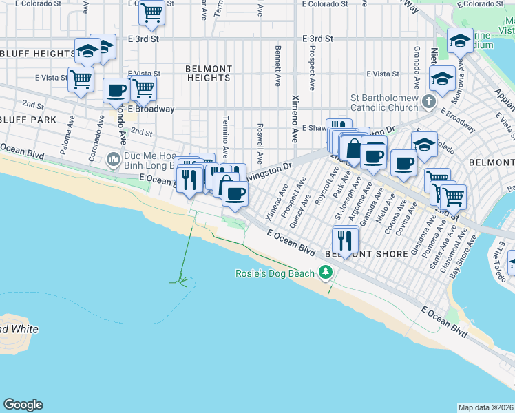 map of restaurants, bars, coffee shops, grocery stores, and more near 25 Bennett Avenue in Long Beach