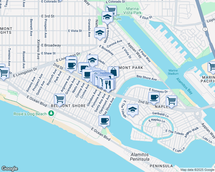 map of restaurants, bars, coffee shops, grocery stores, and more near 207 Santa Ana Avenue in Long Beach
