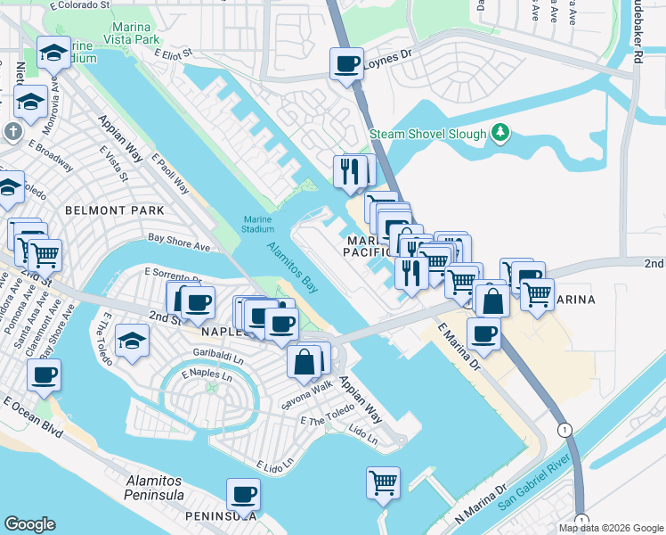 map of restaurants, bars, coffee shops, grocery stores, and more near 7324 Marina Pacifica Drive in Long Beach