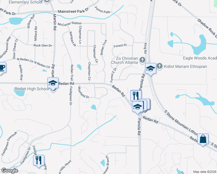 map of restaurants, bars, coffee shops, grocery stores, and more near 5356 Kristian Court in Stone Mountain