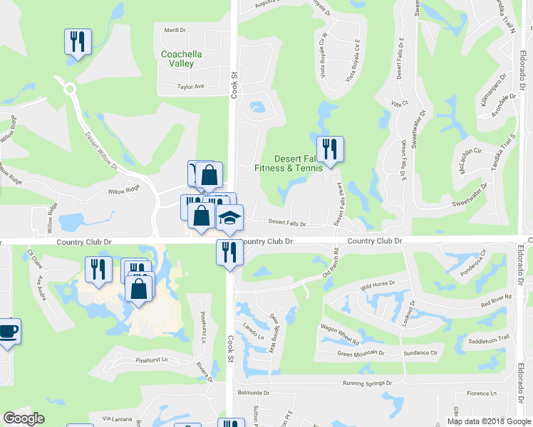 map of restaurants, bars, coffee shops, grocery stores, and more near 105 Brandigo Circle in Palm Desert