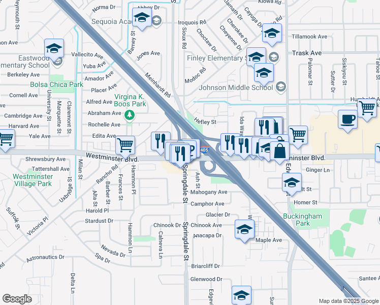 map of restaurants, bars, coffee shops, grocery stores, and more near 6011 Westminster Boulevard in Westminster