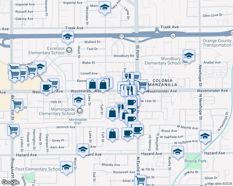 map of restaurants, bars, coffee shops, grocery stores, and more near 10866 Westminster Avenue in Garden Grove