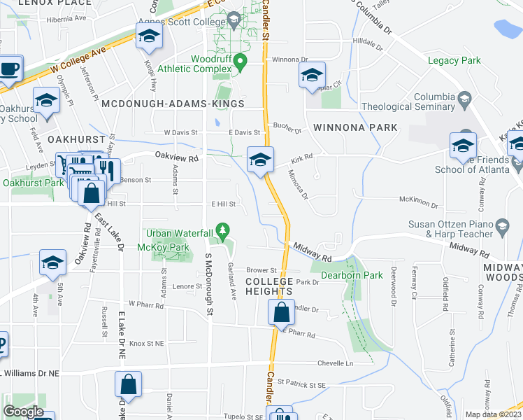 map of restaurants, bars, coffee shops, grocery stores, and more near 207 Buchanan Terrace in Decatur