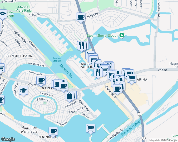 map of restaurants, bars, coffee shops, grocery stores, and more near 8103 Marina Pacifica Drive in Long Beach