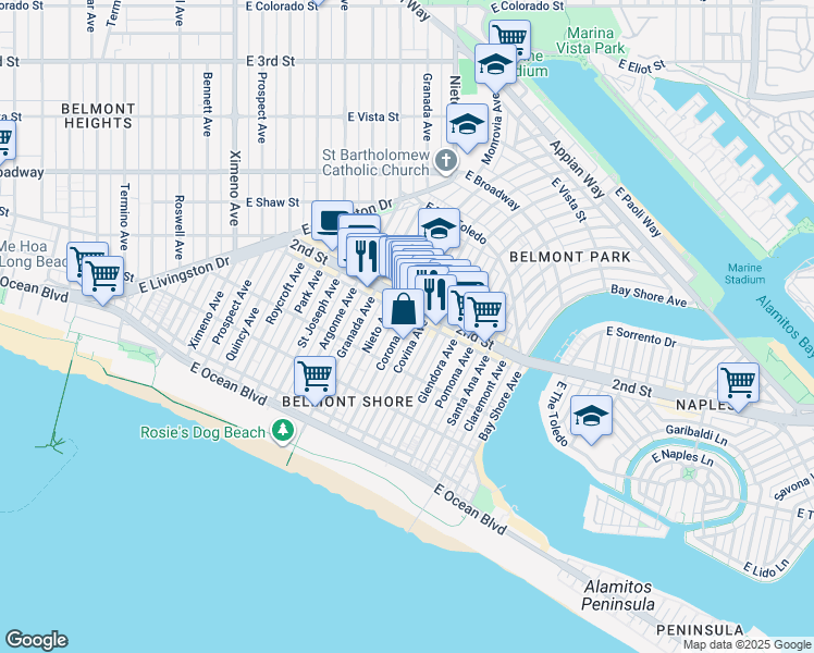 map of restaurants, bars, coffee shops, grocery stores, and more near 178 Corona Avenue in Long Beach