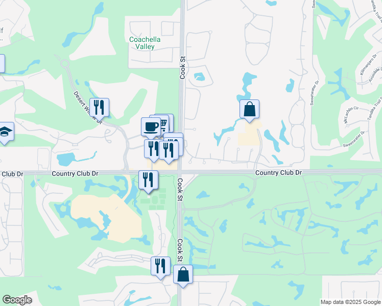 map of restaurants, bars, coffee shops, grocery stores, and more near 128 Desert Falls Drive East in Palm Desert