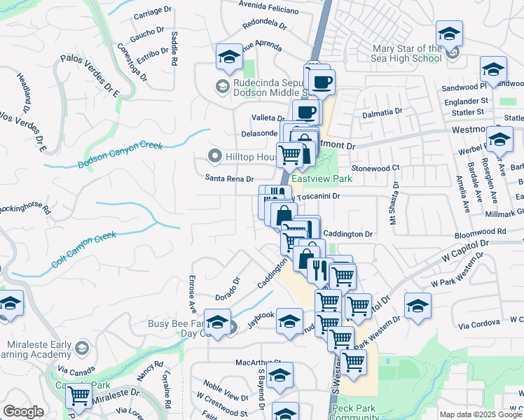 map of restaurants, bars, coffee shops, grocery stores, and more near 28513 Vista Tierra in Rancho Palos Verdes