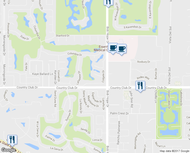 map of restaurants, bars, coffee shops, grocery stores, and more near 11 Reed Court in Rancho Mirage
