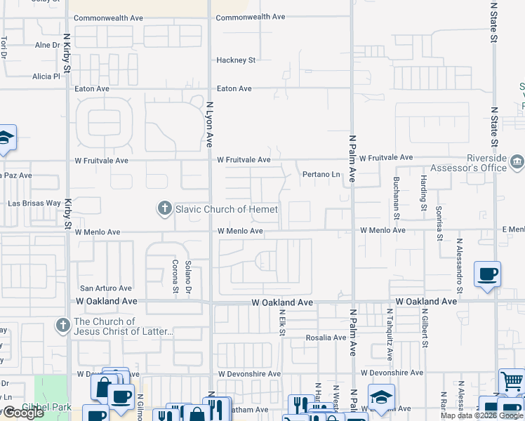 map of restaurants, bars, coffee shops, grocery stores, and more near 1300 West Menlo Avenue in Hemet