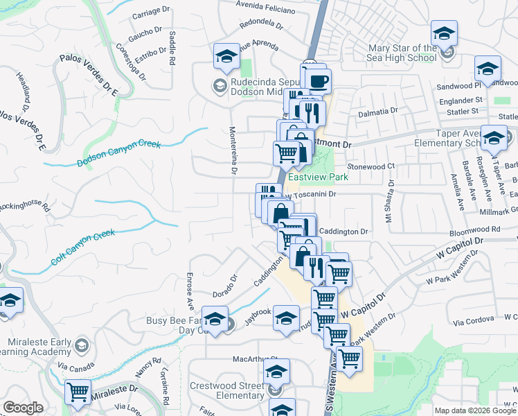 map of restaurants, bars, coffee shops, grocery stores, and more near 28513 Vista Tierra in Rancho Palos Verdes