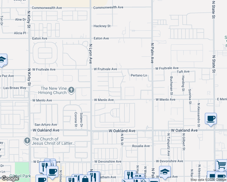 map of restaurants, bars, coffee shops, grocery stores, and more near 1530 W Menlo Ave in Hemet