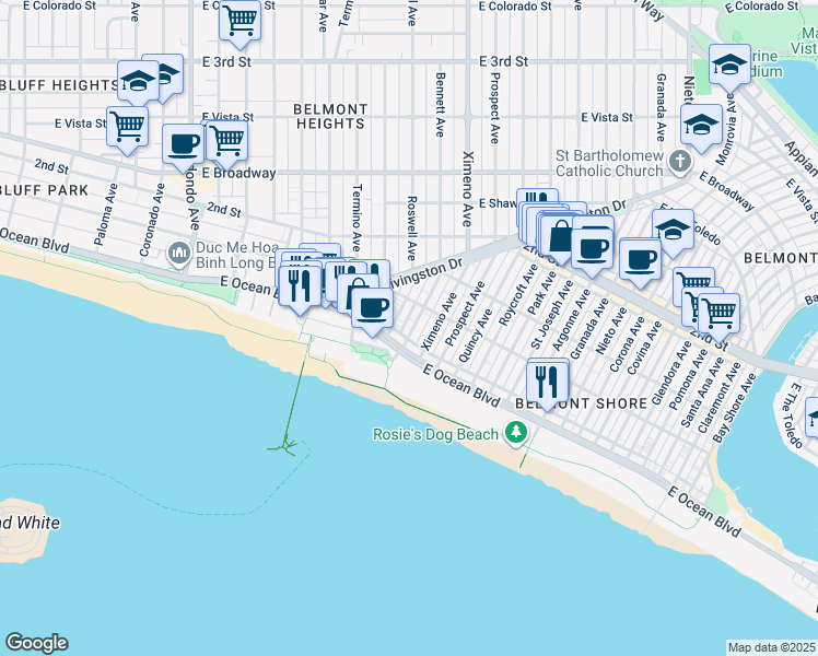 map of restaurants, bars, coffee shops, grocery stores, and more near in Long Beach