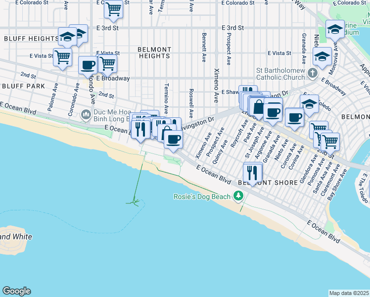 map of restaurants, bars, coffee shops, grocery stores, and more near in Long Beach