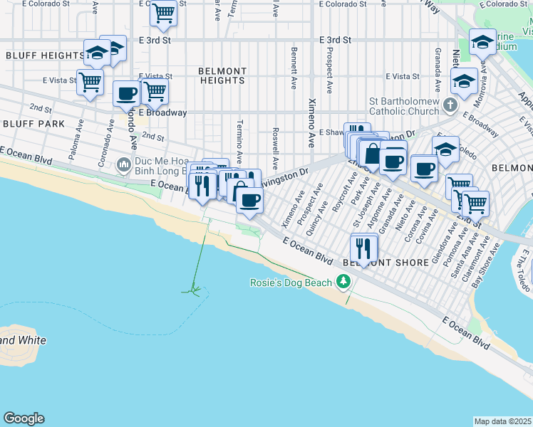 map of restaurants, bars, coffee shops, grocery stores, and more near in Long Beach