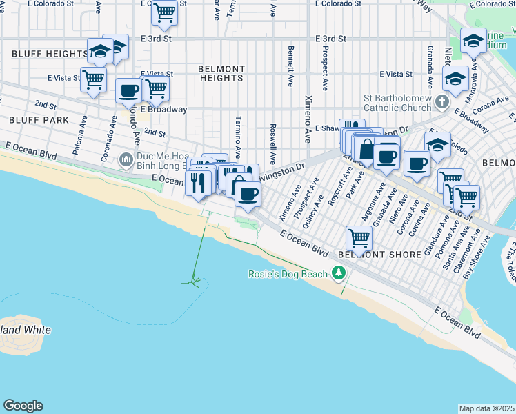 map of restaurants, bars, coffee shops, grocery stores, and more near in Long Beach