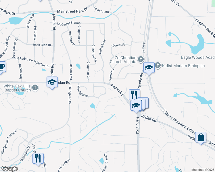 map of restaurants, bars, coffee shops, grocery stores, and more near 5356 Kristian Court in Stone Mountain