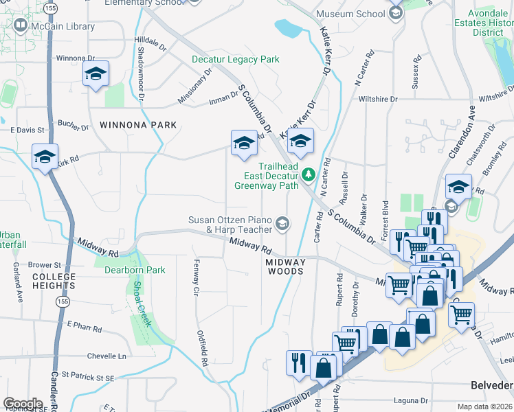 map of restaurants, bars, coffee shops, grocery stores, and more near 1220 Conway Road in Decatur