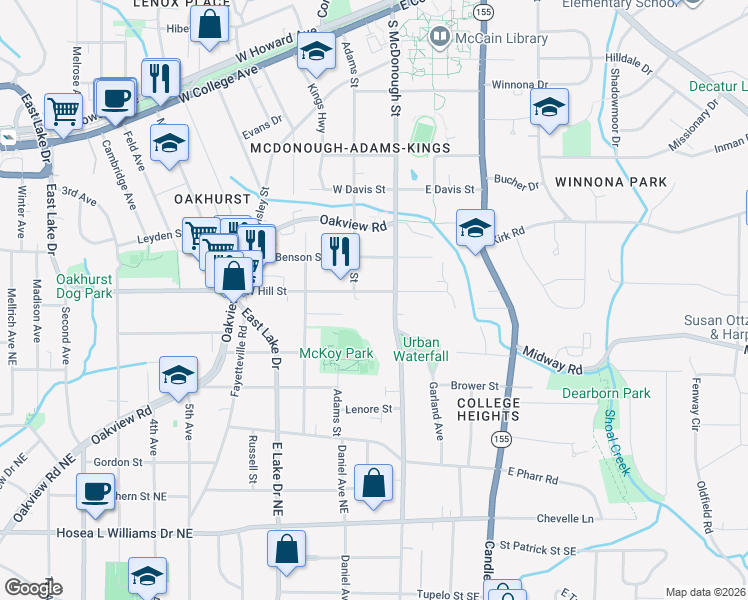 map of restaurants, bars, coffee shops, grocery stores, and more near 122 West Hill Street in Decatur