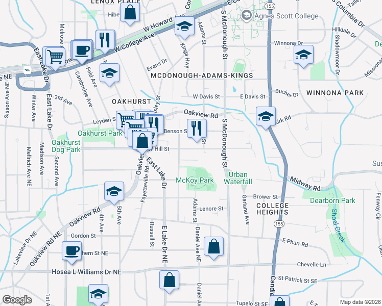 map of restaurants, bars, coffee shops, grocery stores, and more near 206 West Hill Street in Decatur