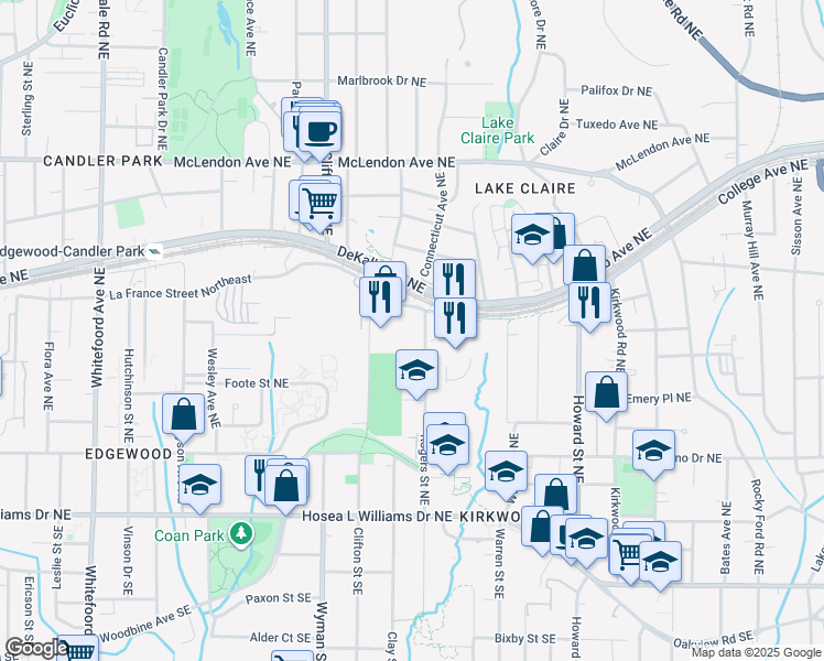 map of restaurants, bars, coffee shops, grocery stores, and more near 206 Rogers Street Northeast in Atlanta