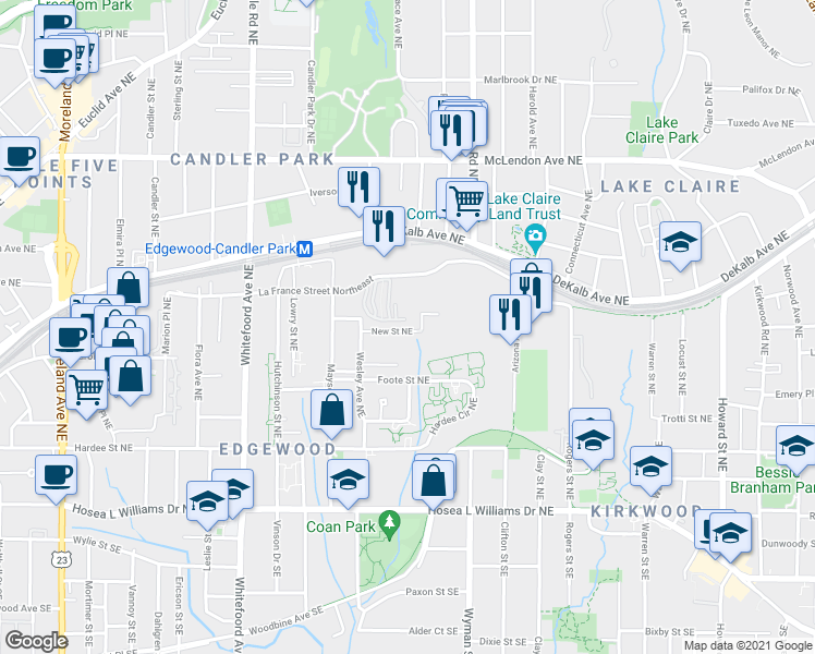 map of restaurants, bars, coffee shops, grocery stores, and more near 1573 New Street Northeast in Atlanta
