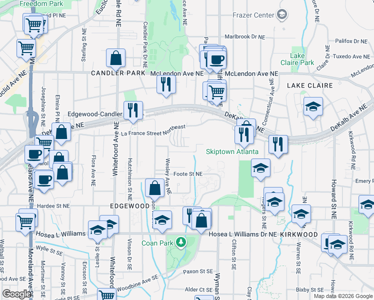 map of restaurants, bars, coffee shops, grocery stores, and more near 1573 New Street Northeast in Atlanta