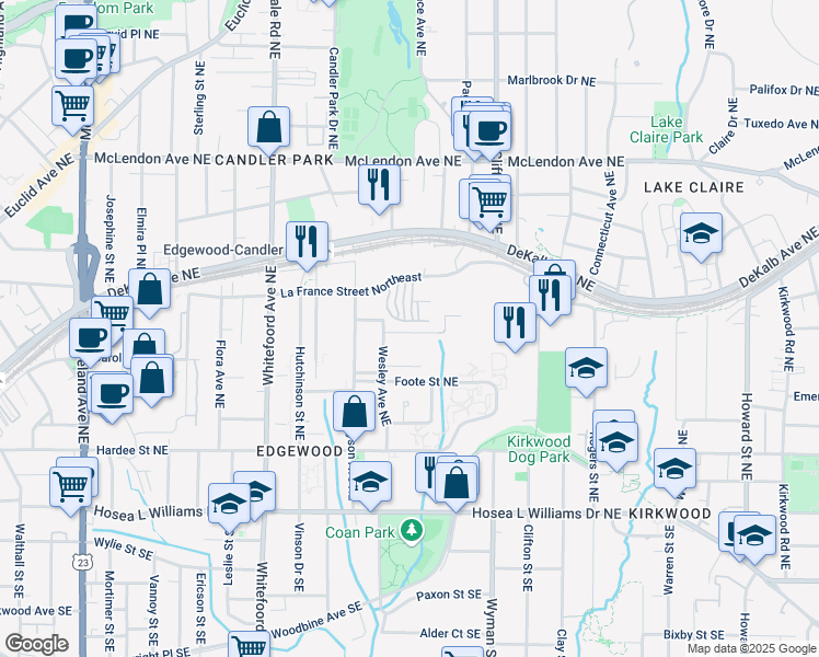 map of restaurants, bars, coffee shops, grocery stores, and more near 1560 New Street Northeast in Atlanta