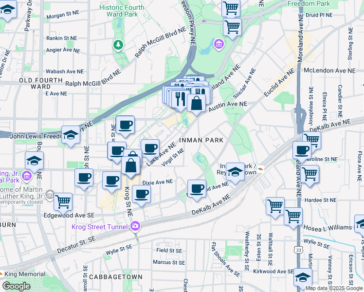 map of restaurants, bars, coffee shops, grocery stores, and more near 850 Virgil Street Northeast in Atlanta