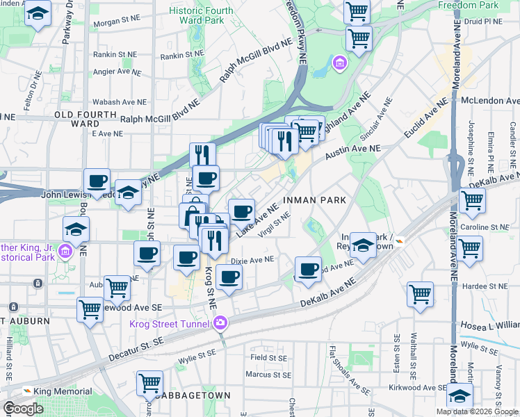 map of restaurants, bars, coffee shops, grocery stores, and more near 831 Inman Village Parkway Northeast in Atlanta