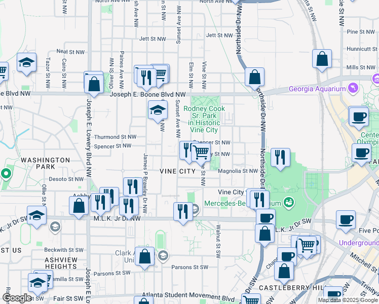 map of restaurants, bars, coffee shops, grocery stores, and more near 157 Sunset Avenue Northwest in Atlanta