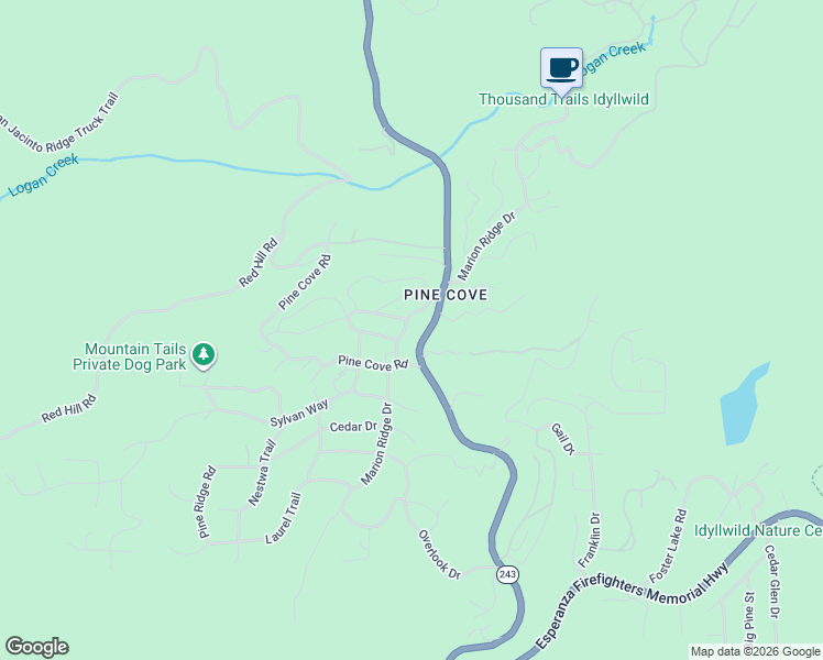 map of restaurants, bars, coffee shops, grocery stores, and more near 23255 Banning-Idyllwild Panoramic Highway in Idyllwild-Pine Cove