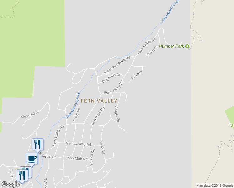 map of restaurants, bars, coffee shops, grocery stores, and more near 55425 Howland Road in Idyllwild-Pine Cove