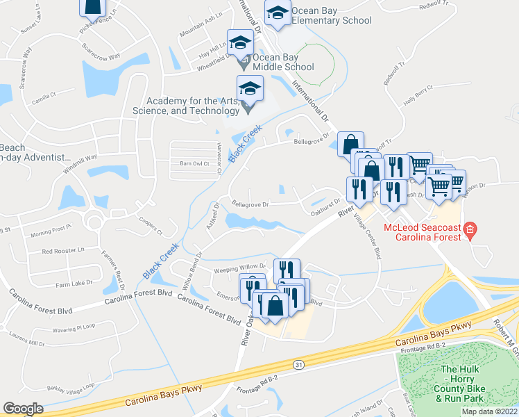 map of restaurants, bars, coffee shops, grocery stores, and more near 219 Bellegrove Drive in Myrtle Beach