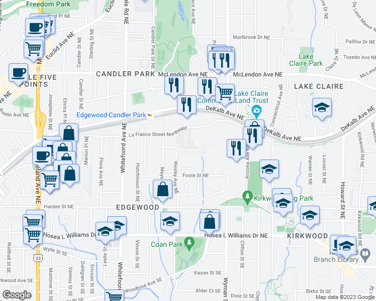 map of restaurants, bars, coffee shops, grocery stores, and more near 1560 New Street Northeast in Atlanta