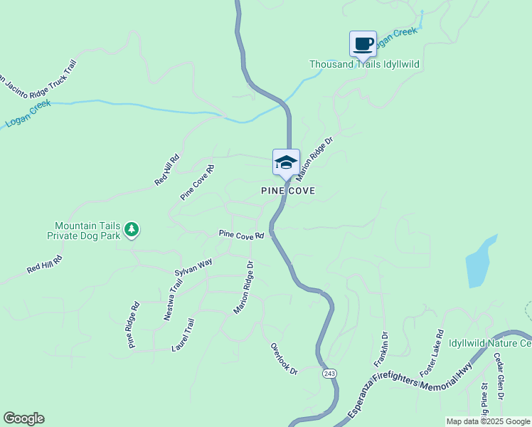 map of restaurants, bars, coffee shops, grocery stores, and more near 24990 Marion Ridge Drive in Idyllwild-Pine Cove